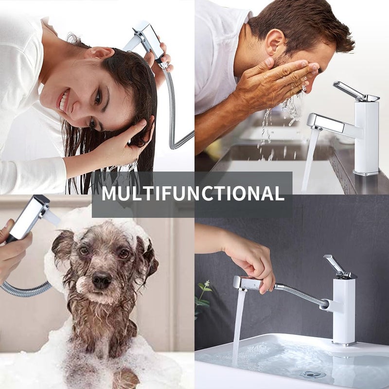 KAIYING Bathroom Sink Faucet with Pull Out Sprayer, Single Handle Basin Mixer Tap for Hot and Cold Water, Pull Down Sink Faucet with Rotating Spout (Regular, Chrome & White) - Image 2